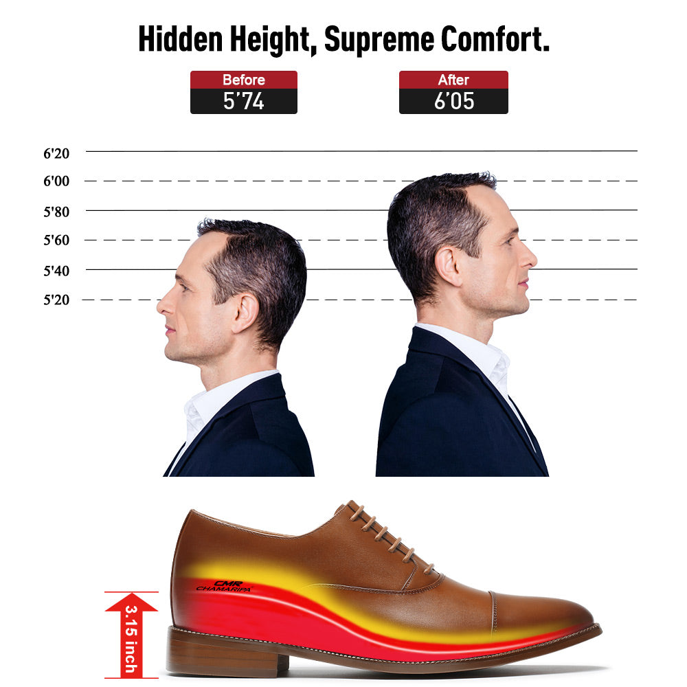 8 CM/3.15 Inches Men's CMR CHAMARIPA Brown Cowhide Leather Elevator Dress Shoes - Height-Increasing Oxford Style