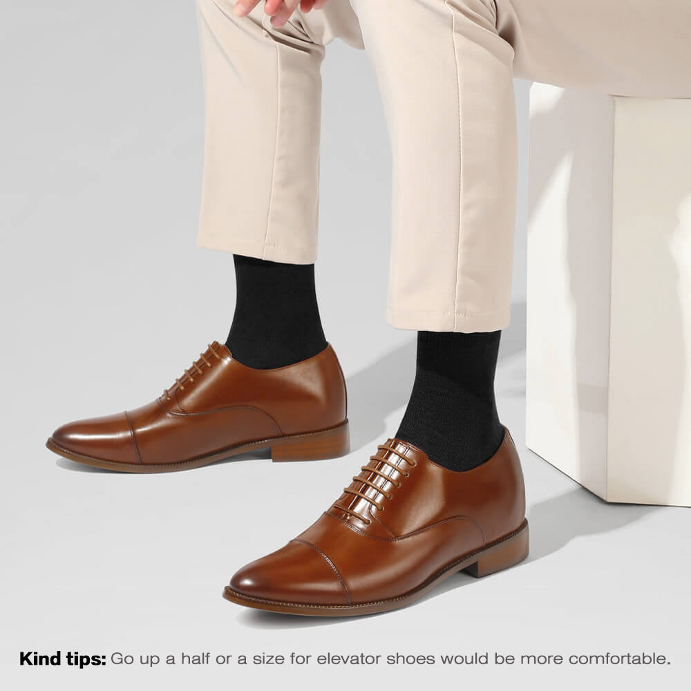 8 CM/3.15 Inches Men's CMR CHAMARIPA Brown Cowhide Leather Elevator Dress Shoes - Height-Increasing Oxford Style