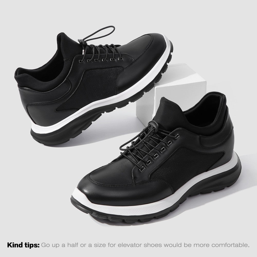 8CM / 3.15 Inches CMR CHAMARIPA Men's Discreet Height Increase Sneakers - Black Genuine Leather Casual Shoes
