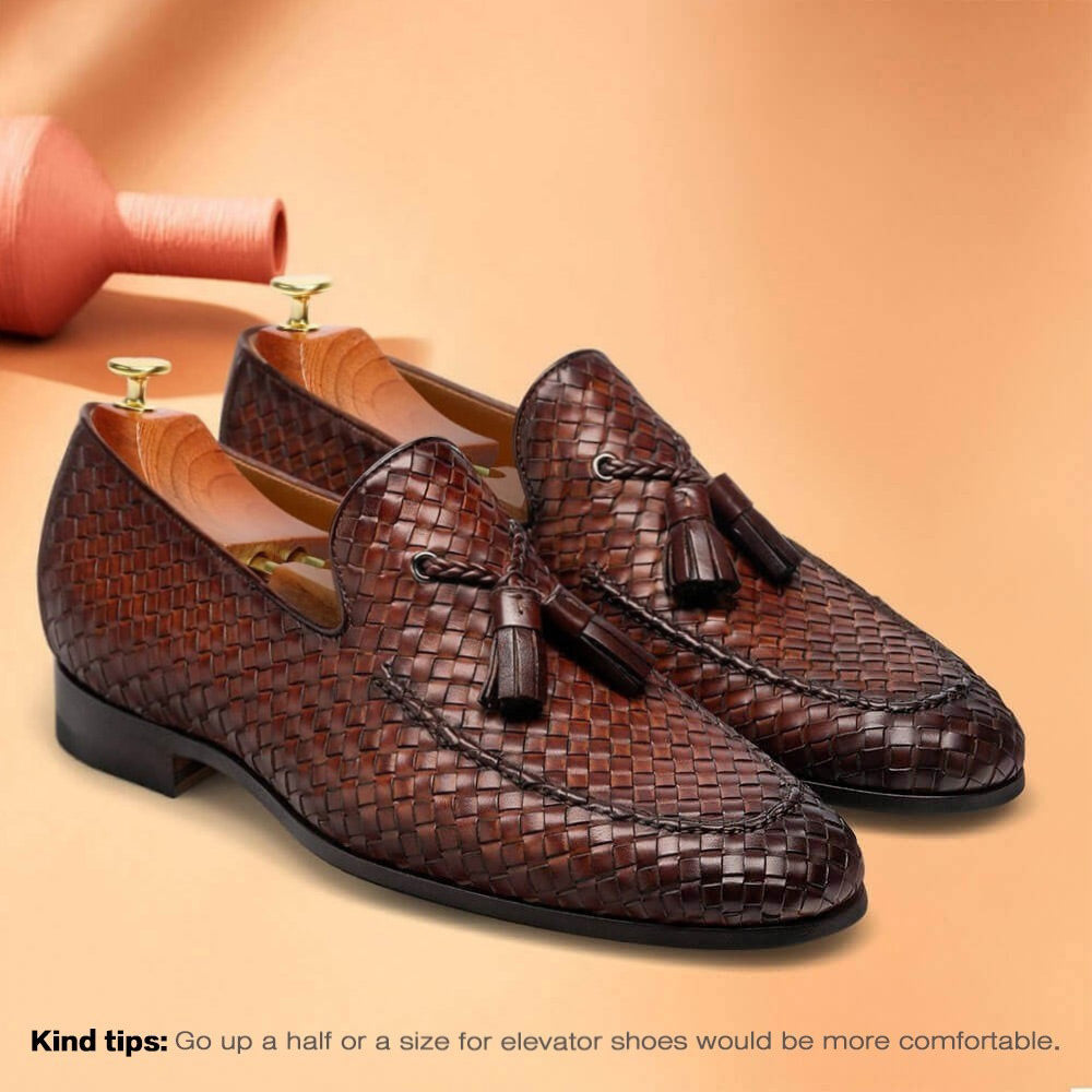7 CM / 2.76 Inches - CMR CHAMARIPA Men's Elevator Shoes Brown Hand-Woven Leather Tassel Loafers High Heel Dress Shoes
