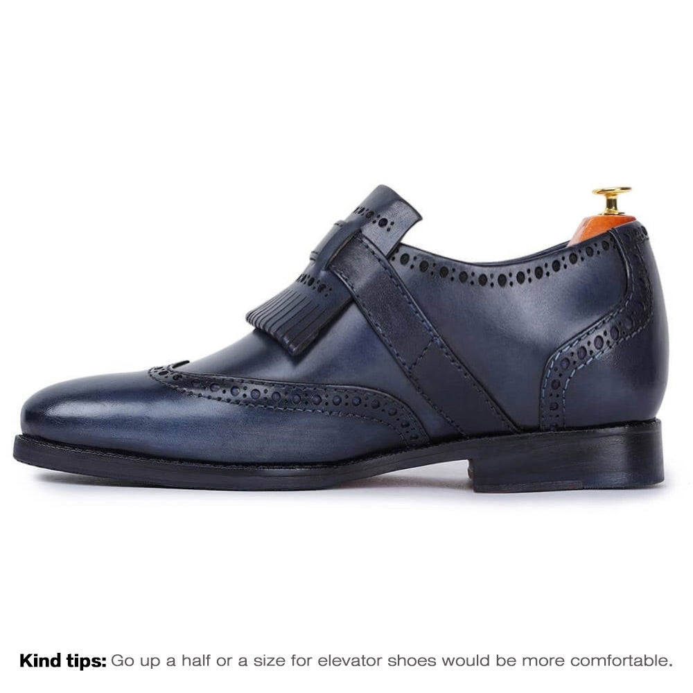 7 CM / 2.76 Inches Taller - CMR CHAMARIPA Business Elevator Shoes For Men - Wingtip Brogue Kiltie Monk Strap - Navy