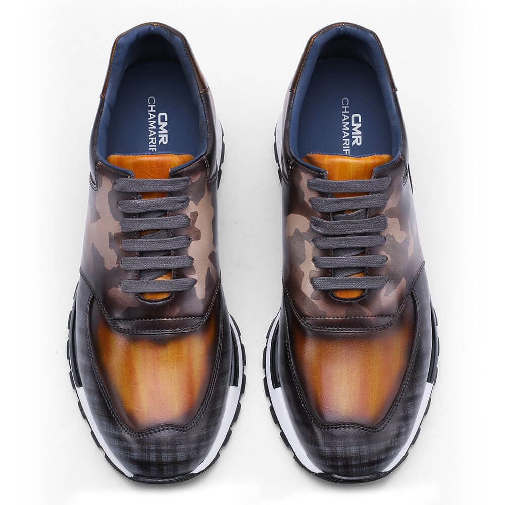 7CM /2.76 Inches - CMR CHAMARIPA Casual Tall Men Shoes - Hand Patina Elevator Sneaker - Multi-Colored Patina Leather Trainers