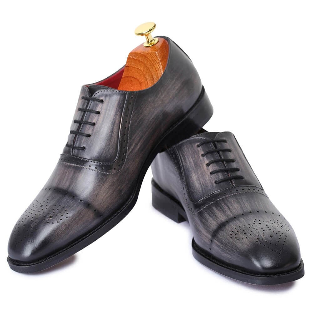 7 CM / 2.76 Inches Taller - CMR CHAMARIPA Dress Elevator Shoes - Handcrafted Medallion Toe Oxford - Gray
