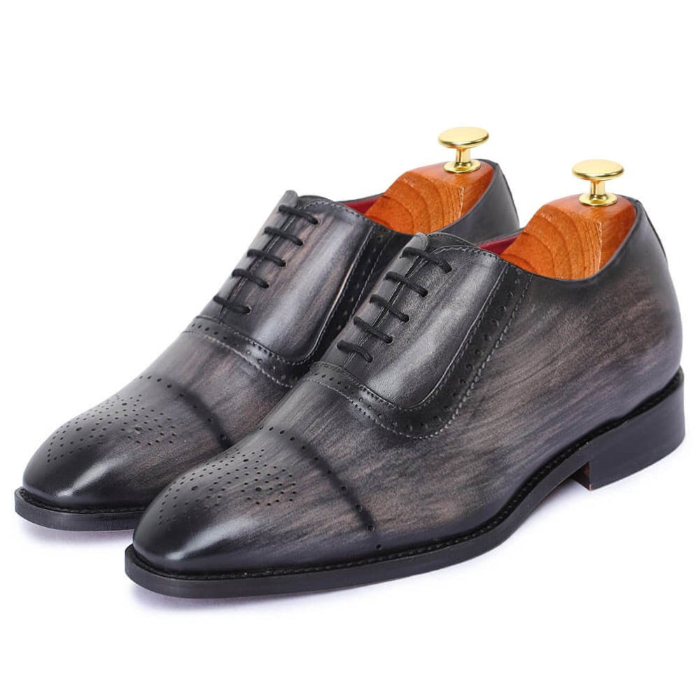 7 CM / 2.76 Inches Taller - CMR CHAMARIPA Dress Elevator Shoes - Handcrafted Medallion Toe Oxford - Gray