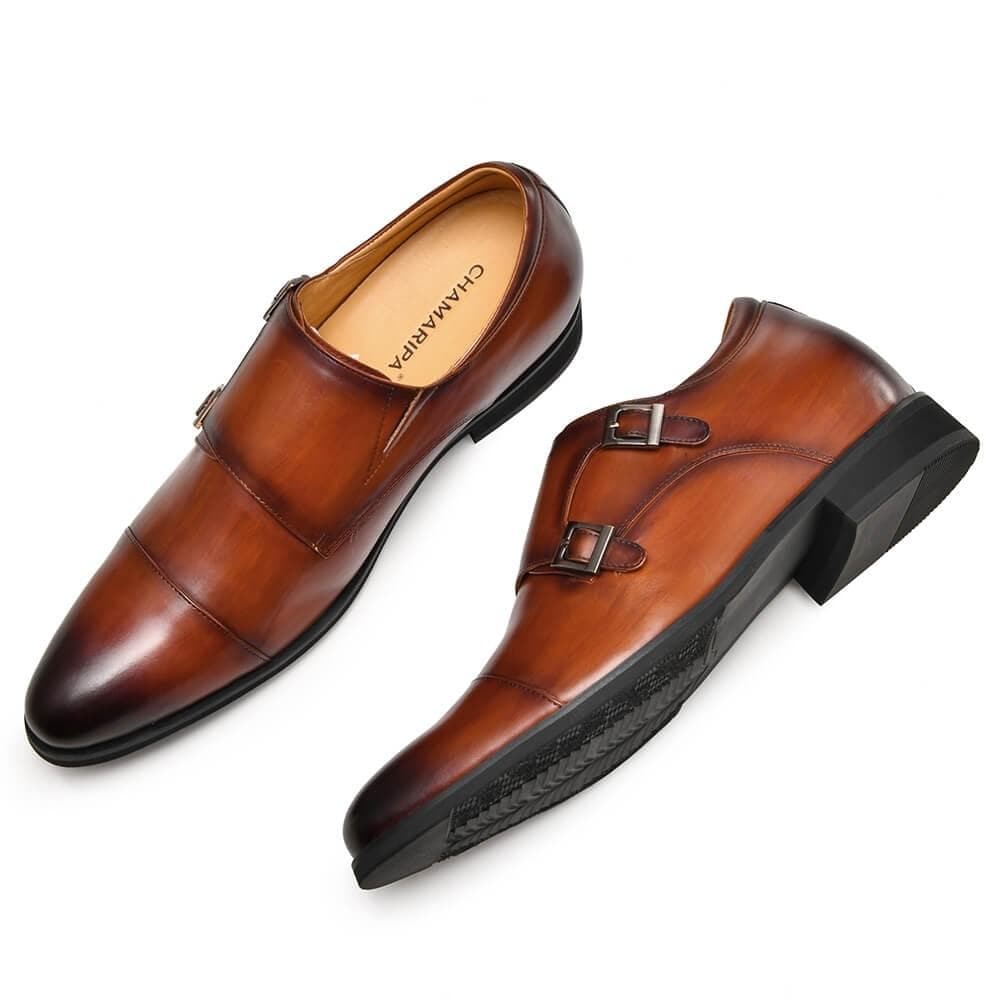 7CM / 2.76 Inches CMR CHAMARIPA Men's Height Increasing Monk Elevator Dress Shoes For Men Brown Calfskin Leather