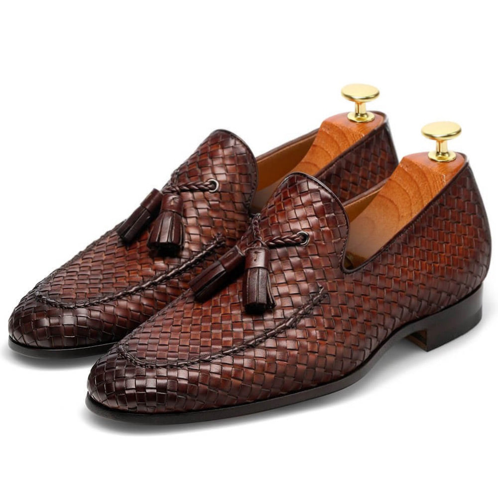 7 CM / 2.76 Inches - CMR CHAMARIPA Men's Elevator Shoes Brown Hand-Woven Leather Tassel Loafers High Heel Dress Shoes
