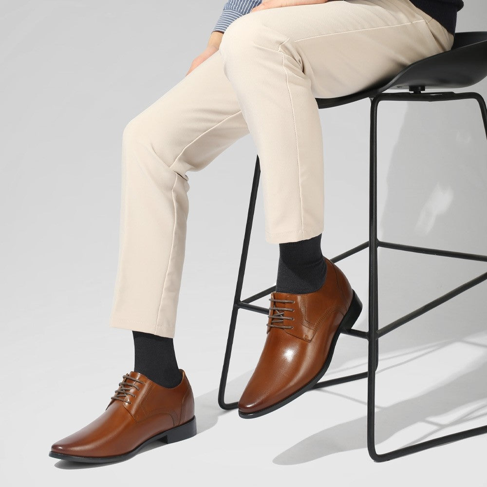 8 CM/3.15 Inches CMR CHAMARIPA Brown Cowhide Leather Men's Elevator Dress Shoes - Classic Oxford Style