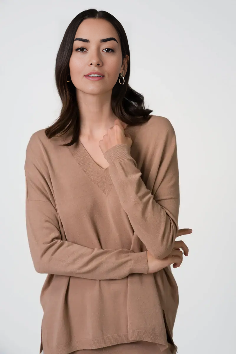 Layla V Neck Sweater | Chestnut Brown | Fine Knit