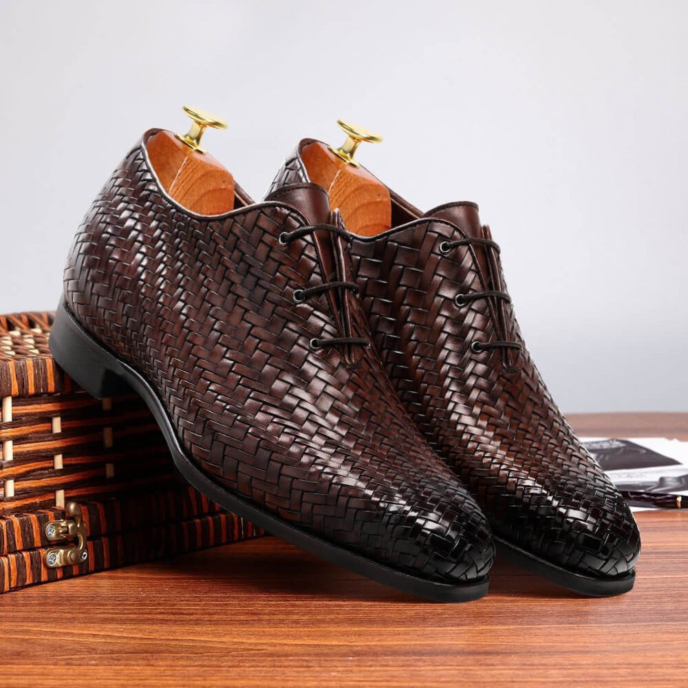 7CM/2.76Inches - CMR CHAMARIPA High Heel Men Dress Shoes Oxford Elevator Shoes Brown Woven Upper